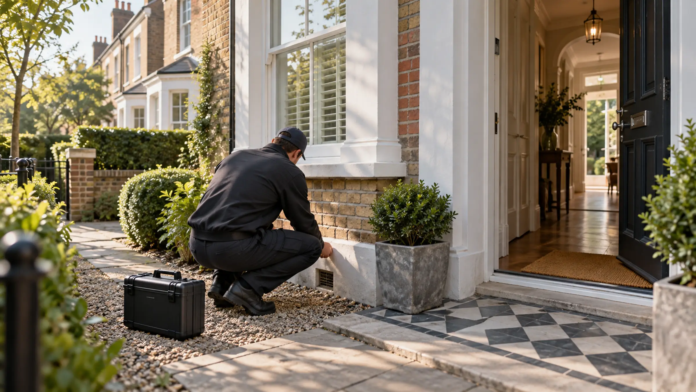 A technician checking the front step of a townhouse, a tiled hallway seen through the open door
