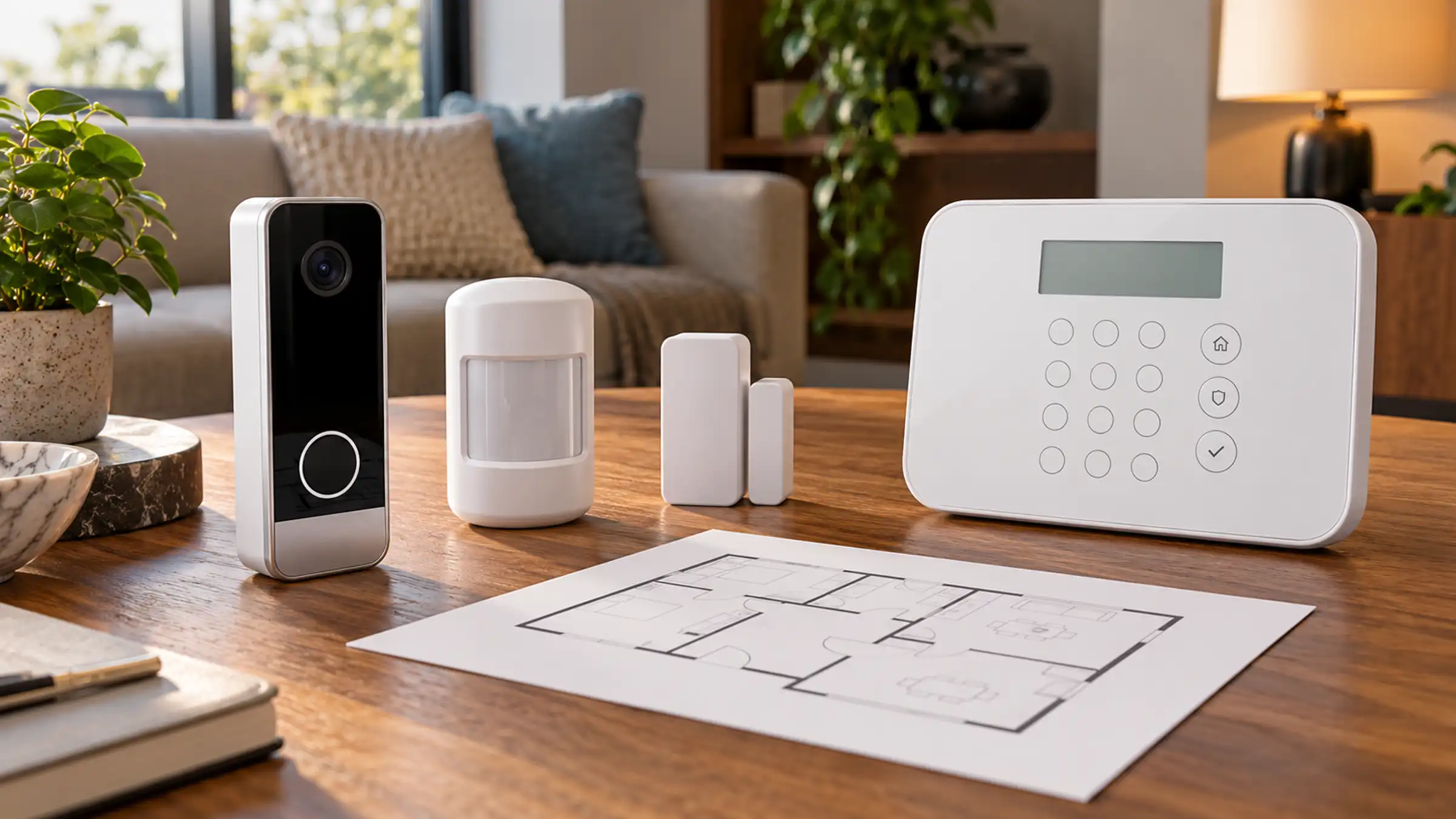 A video doorbell, motion sensors and an alarm keypad laid out on a table beside a printed floor plan