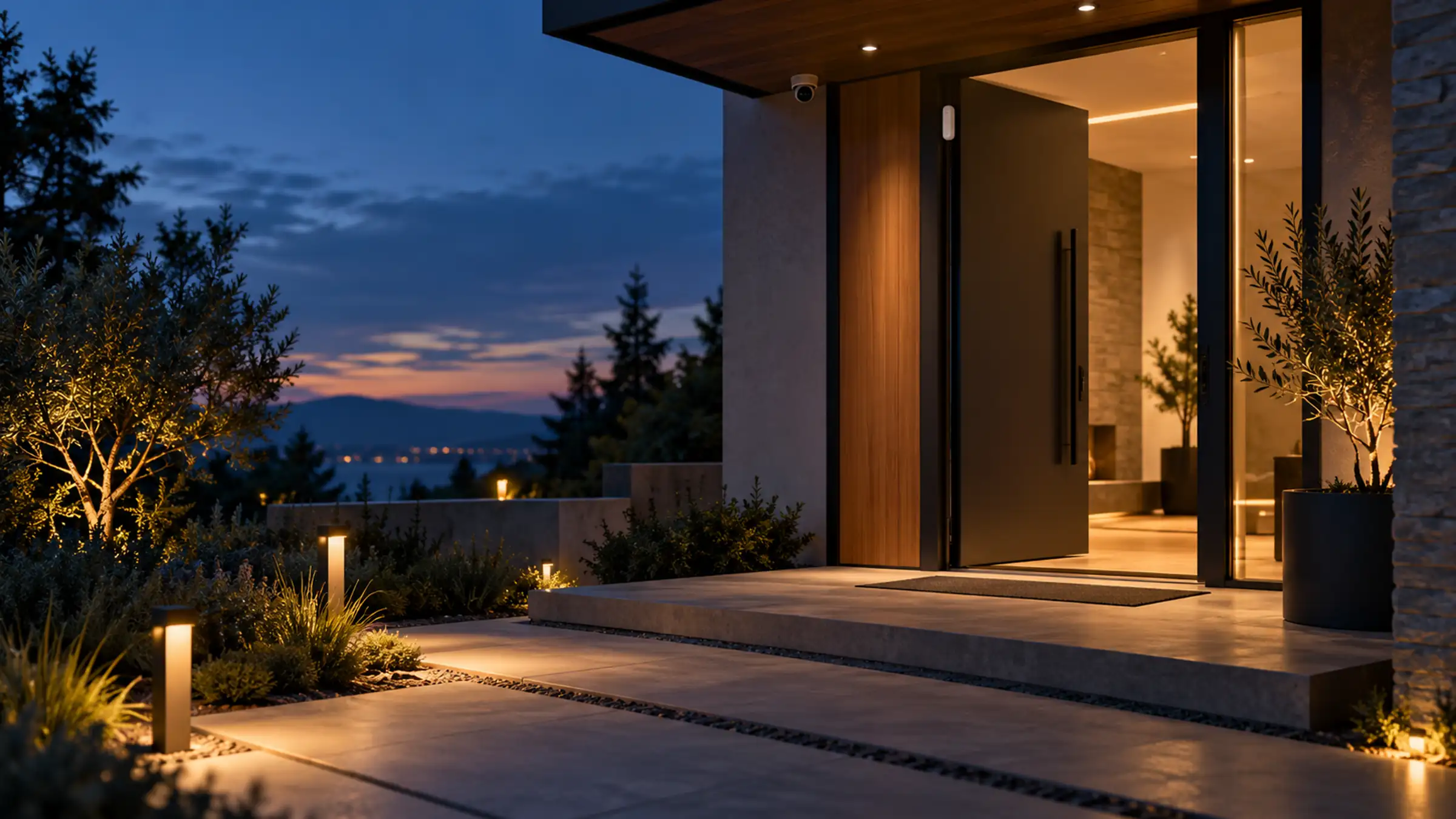 The front door of a modern house at dusk, lit by low garden lights along the path, the lake and hills beyond