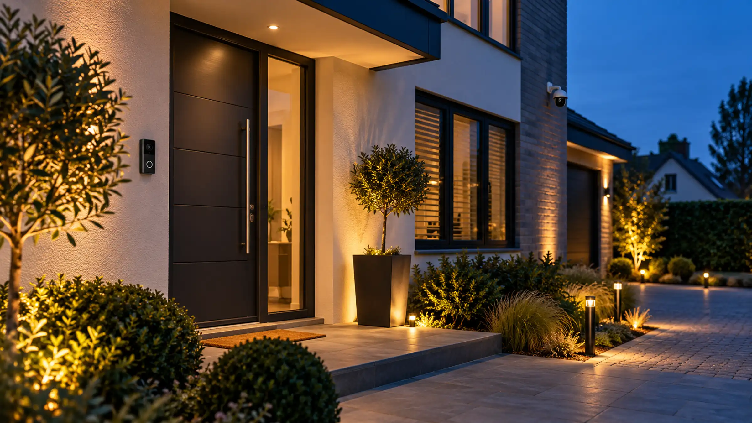 A house front at night with lit planters, a dark door and a small camera under the eaves