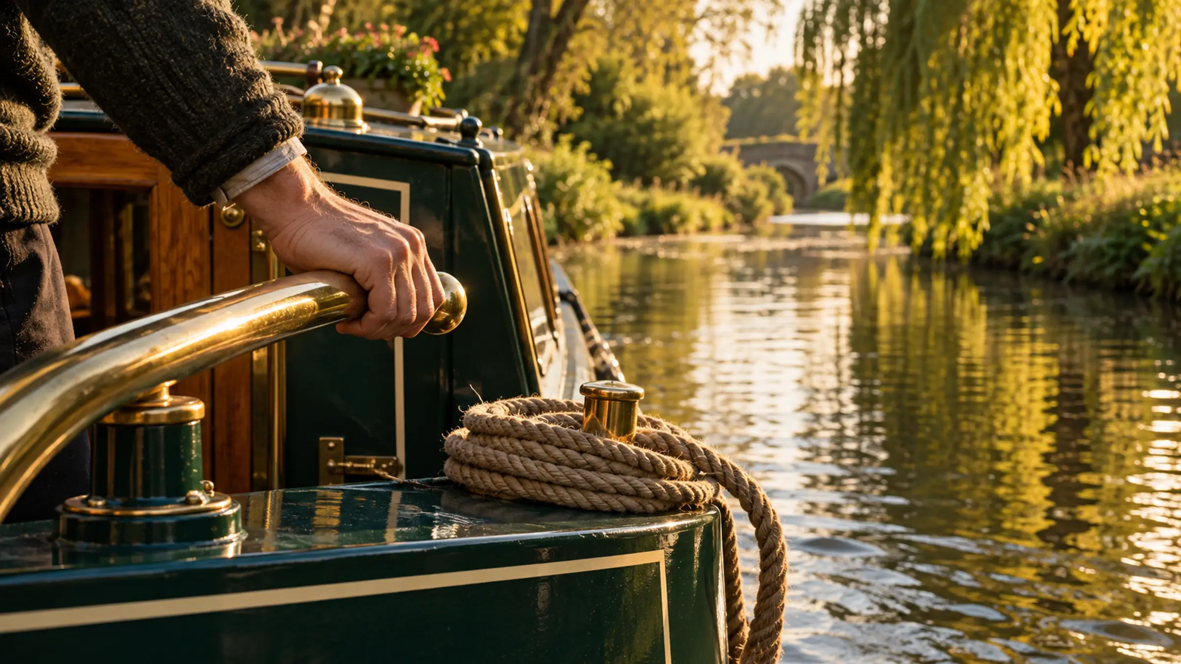 A hand on the brass tiller of a narrowboat, the canal and willows ahead in low sun