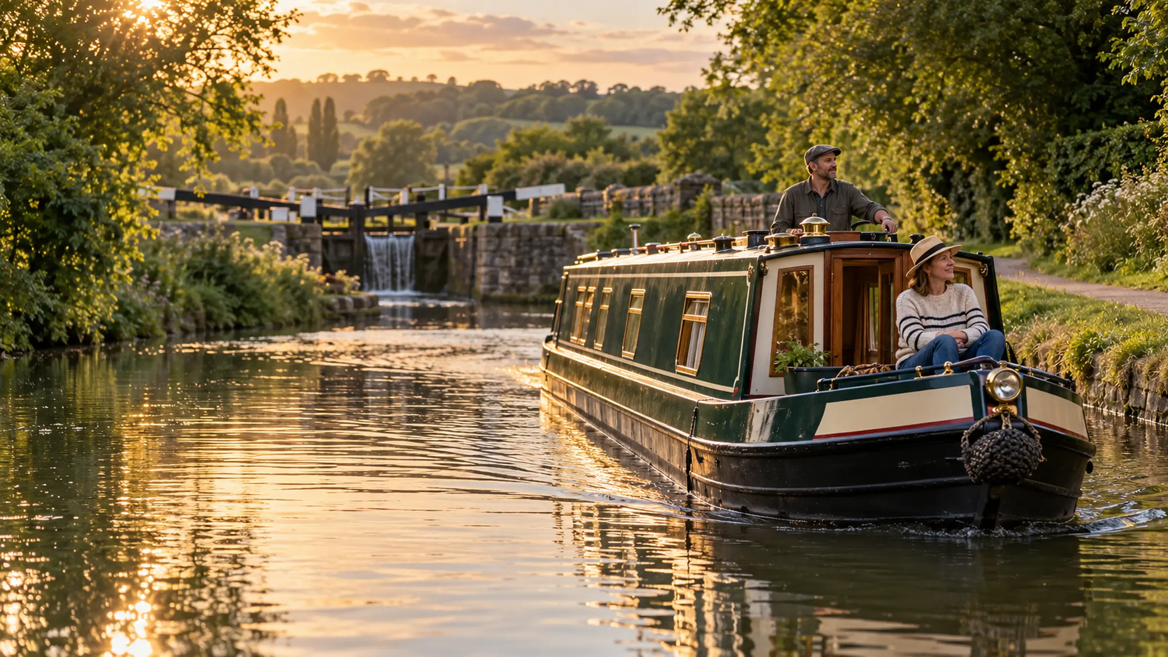 A green narrowboat cruising a quiet tree-lined canal towards a lock in evening light