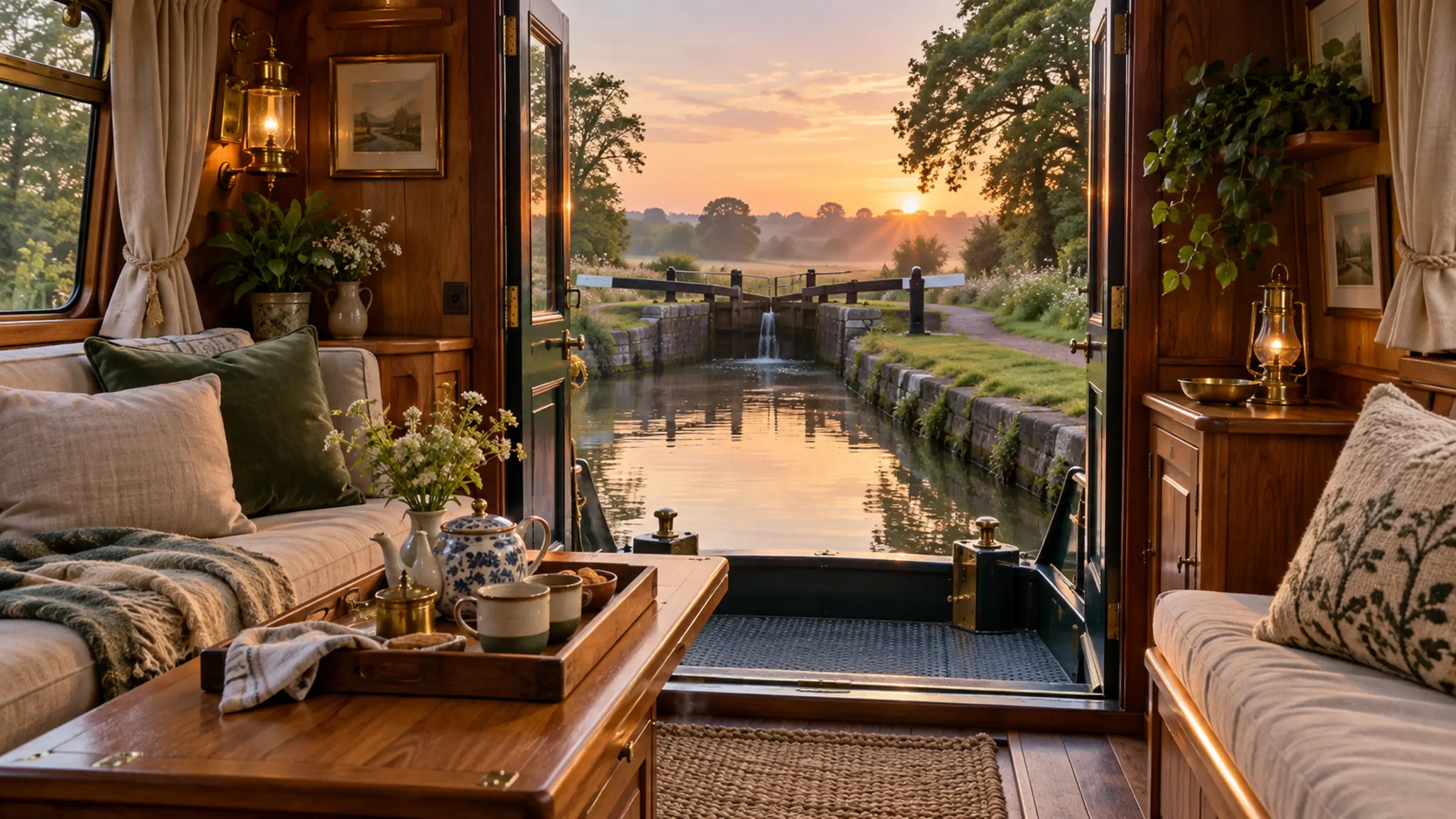 Inside a narrowboat saloon: a sofa, a small table laid for tea and the open doors onto a lock at sunset