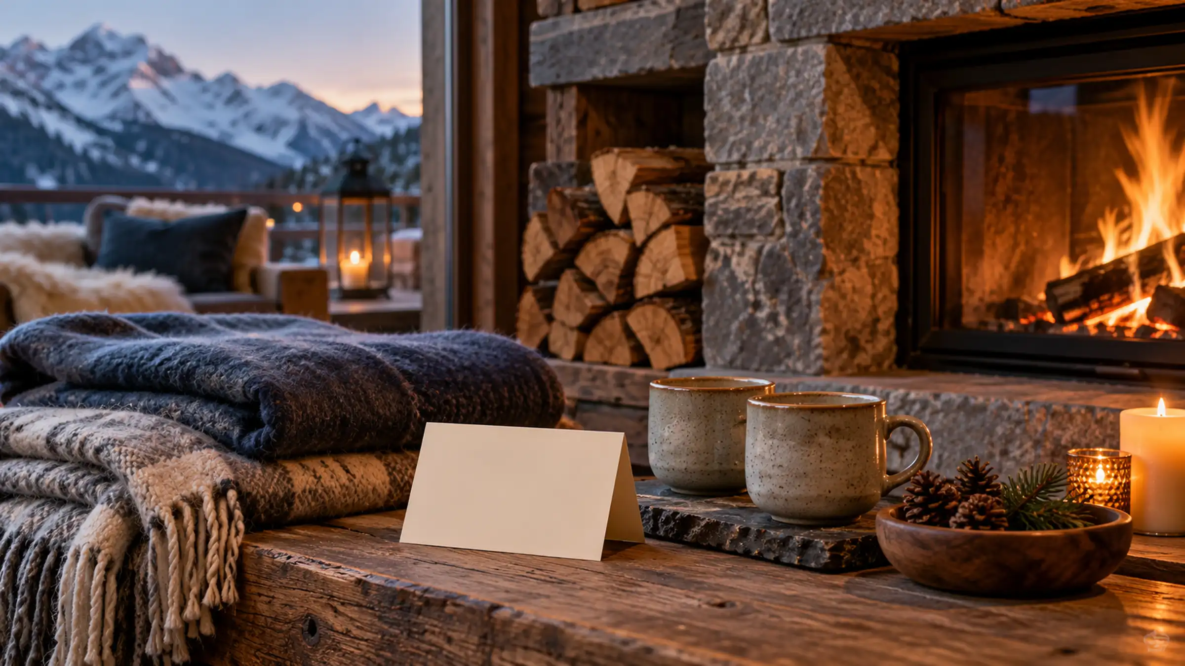 Wool blankets, stacked firewood and two mugs by a lit stone fireplace, snowy peaks through the window