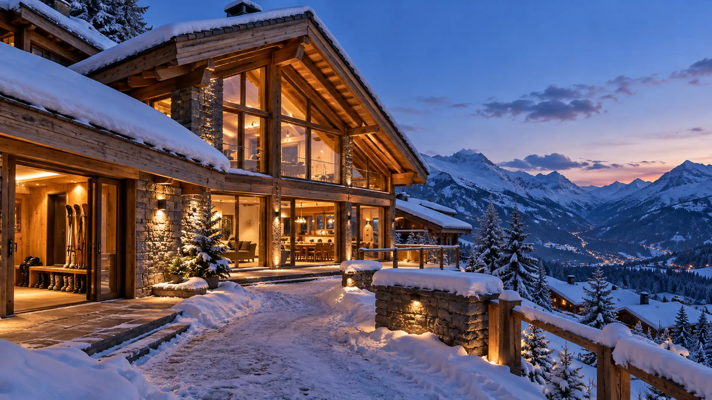 A timber and stone chalet at dusk, its boot room open with skis and boots inside, snow on the path and peaks across the valley