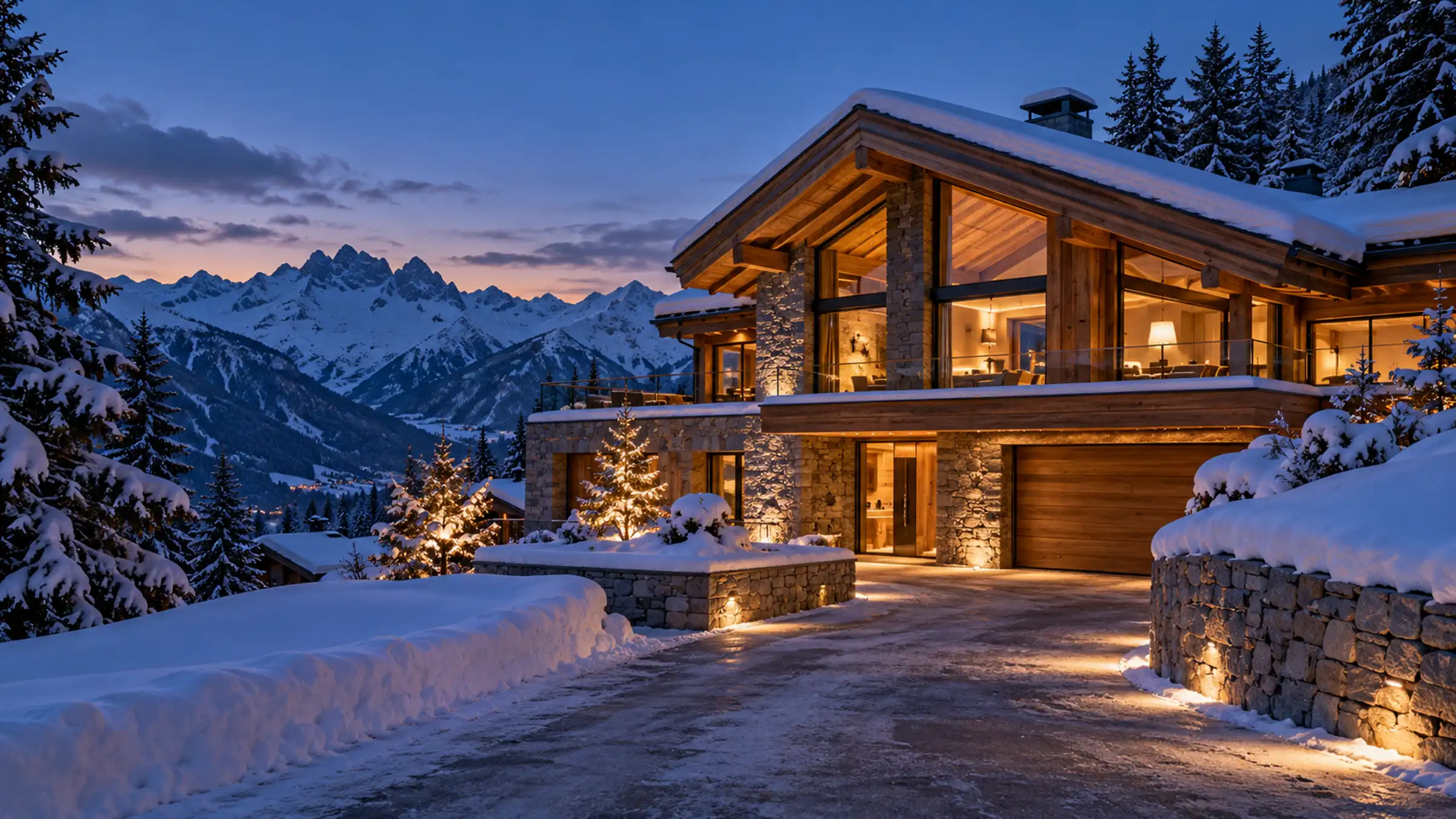 A lamp-lit chalet above a snowy drive, fir trees either side and jagged peaks behind