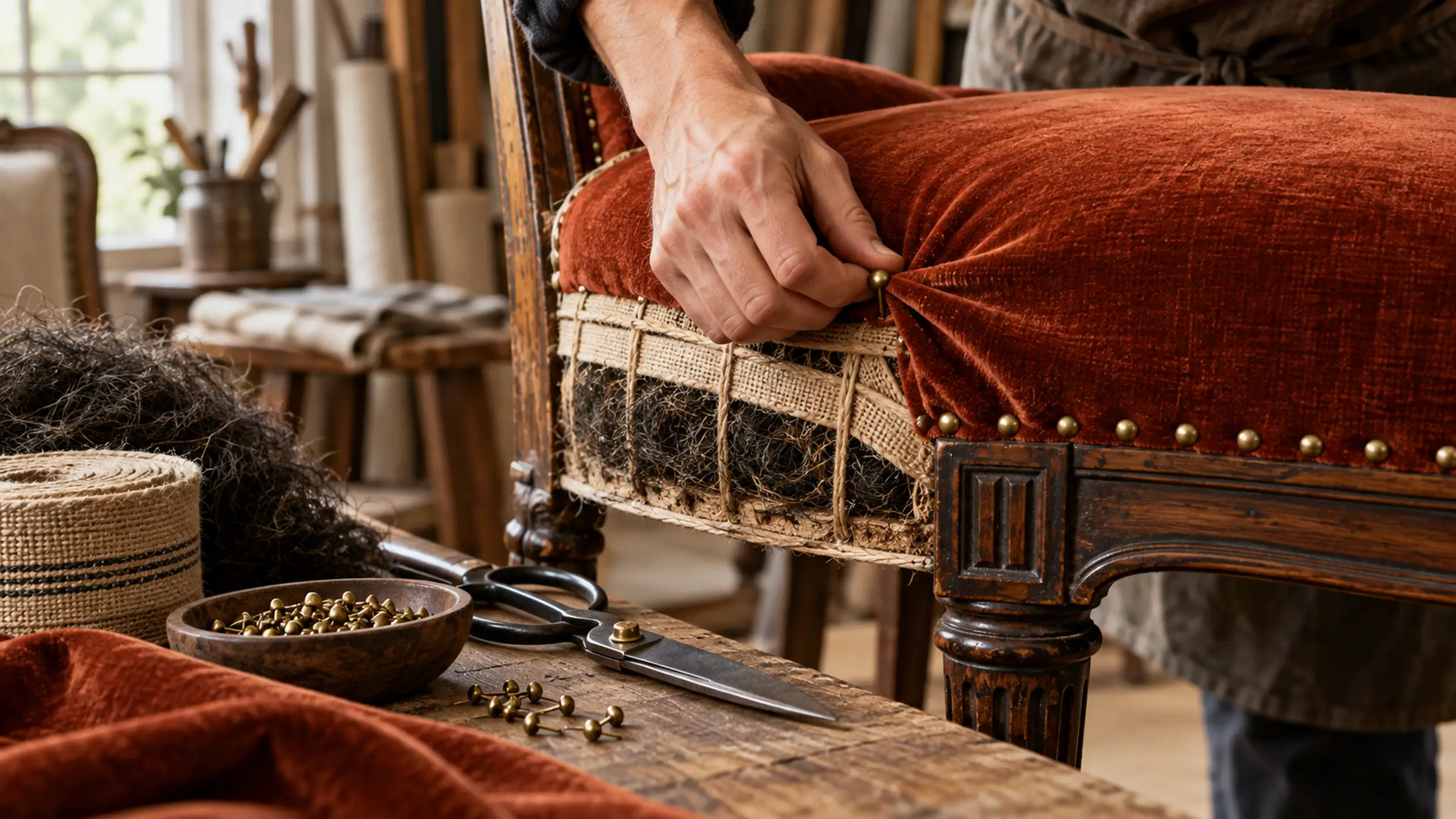 Close-up of hands pulling velvet tight over a seat with brass nails along the edge, a tack hammer and scissors on the bench