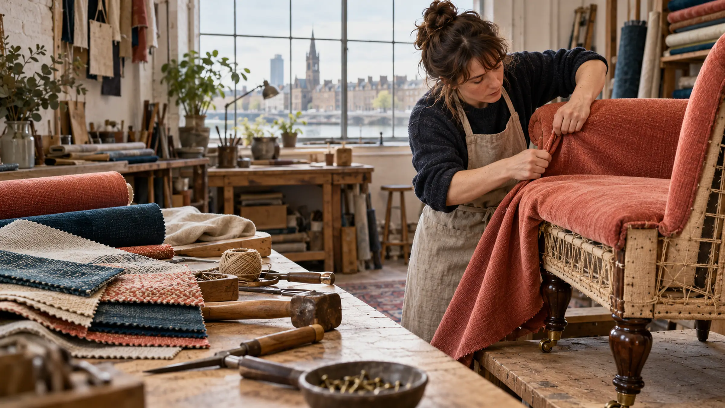 An upholsterer stretching rust velvet over a restored armchair frame on the workbench, fabric samples beside her
