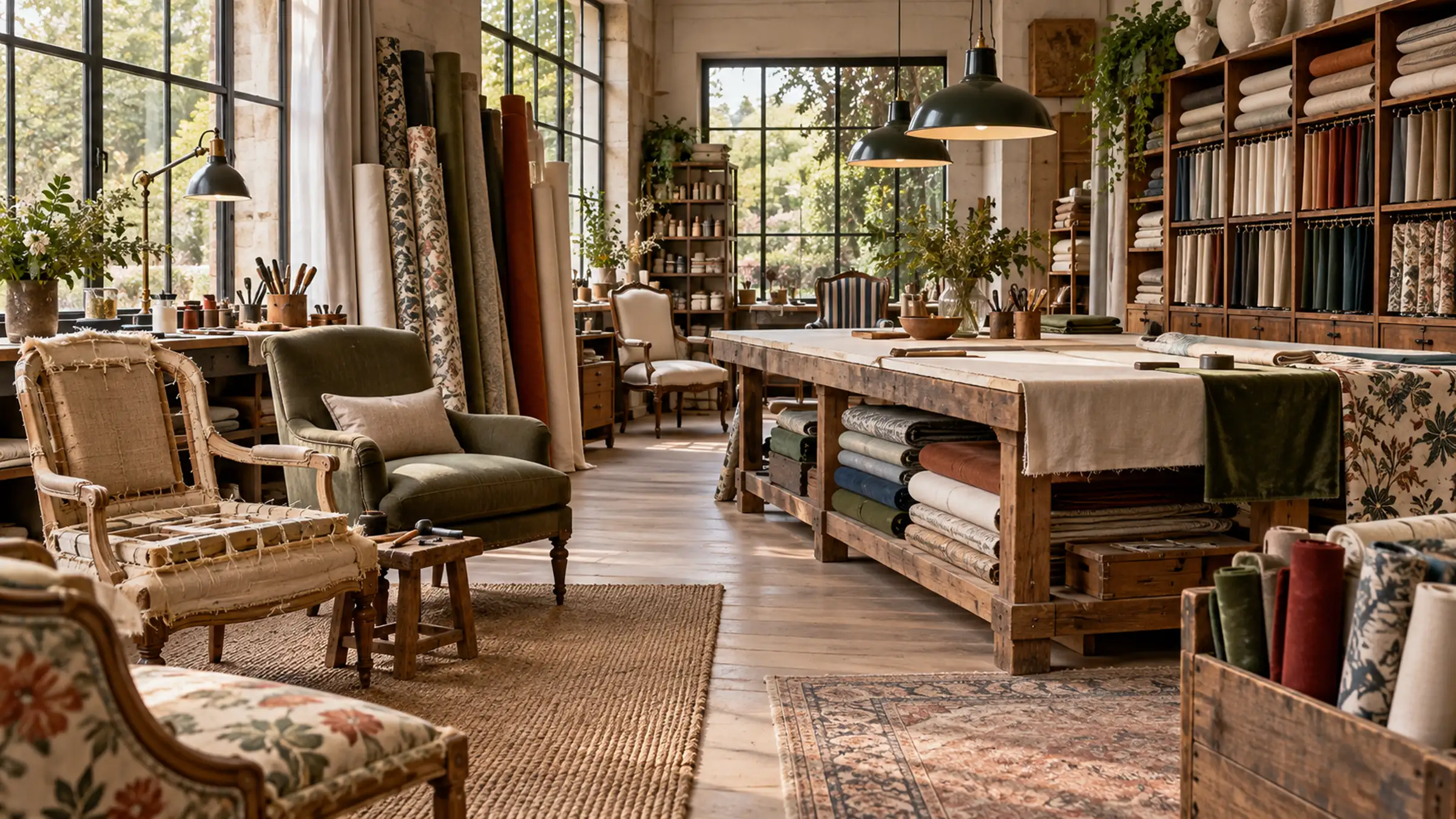 The upholstery studio: armchairs waiting on the floor, bolts of fabric on shelves and a long cutting table under the windows
