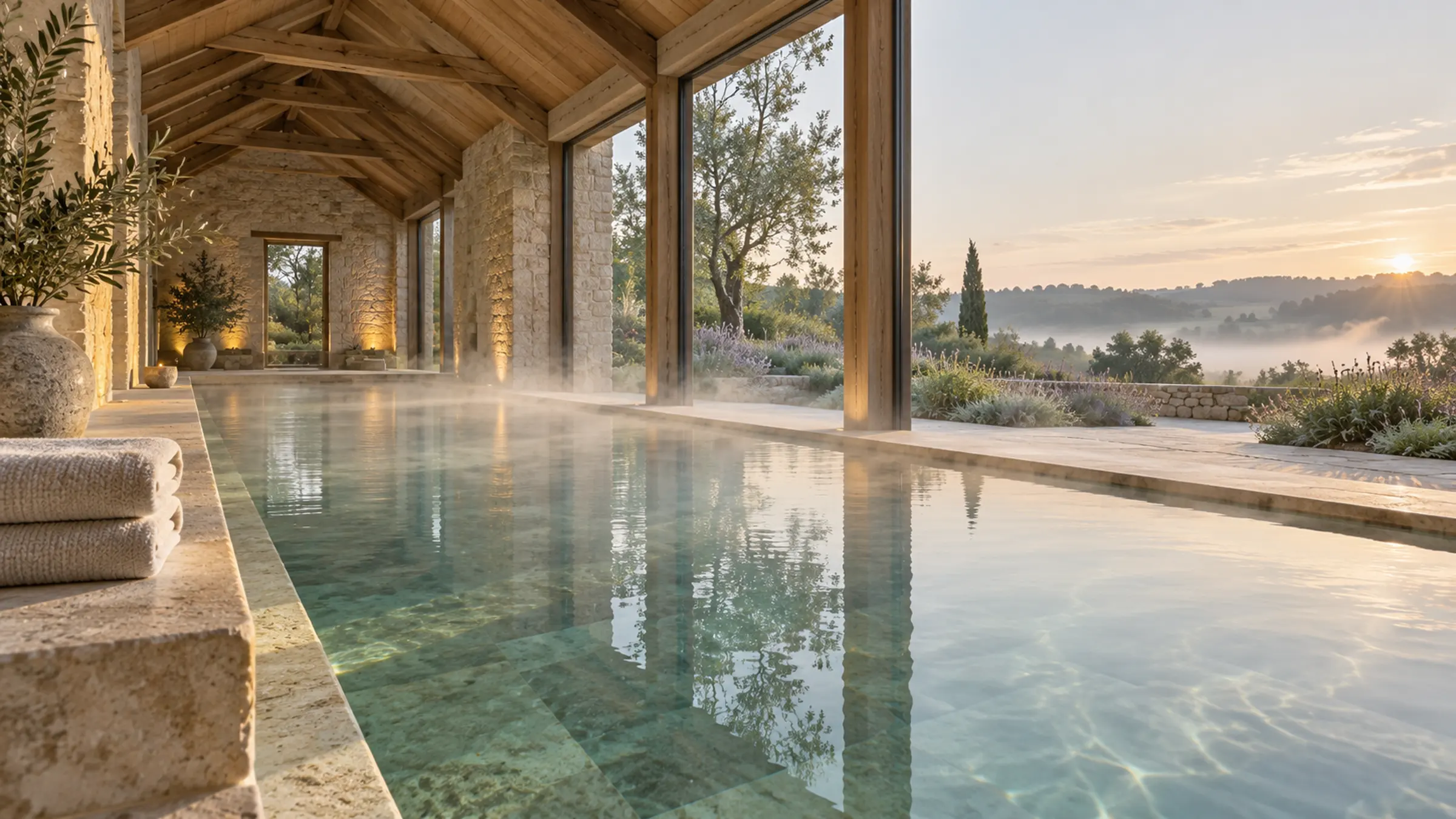 A long indoor pool under a timber and stone roof, steam on the water and glass doors open to a misty valley at sunrise