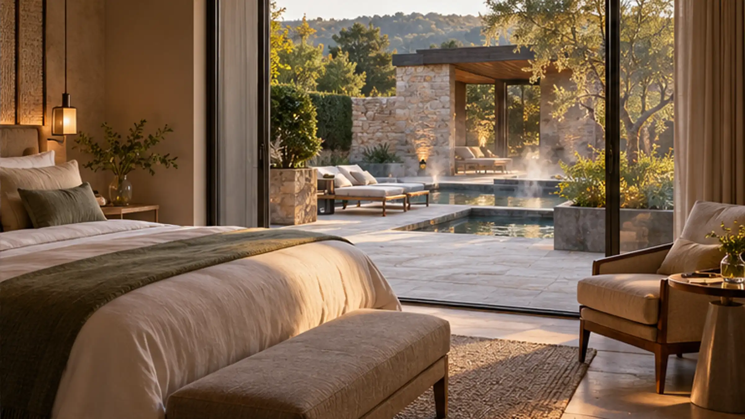 A bedroom opening onto a stone terrace and a steaming outdoor pool at dusk