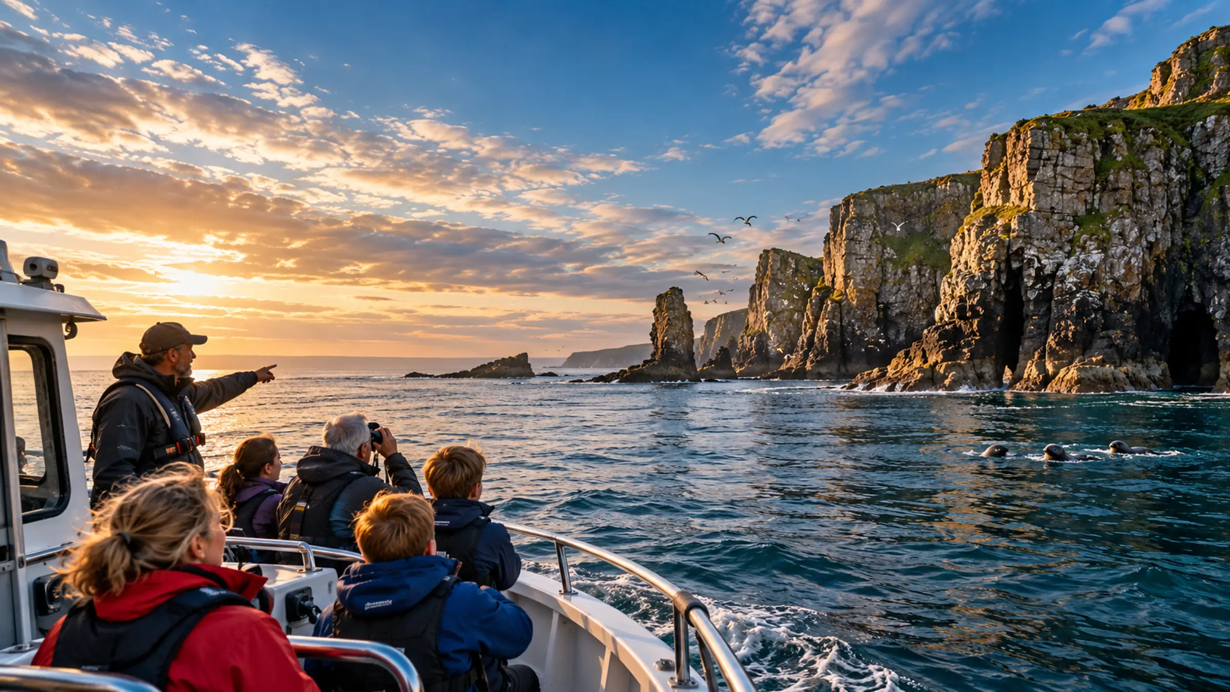 A small boat off sea cliffs at sunrise, the skipper pointing out seals in the water to people in waterproofs
