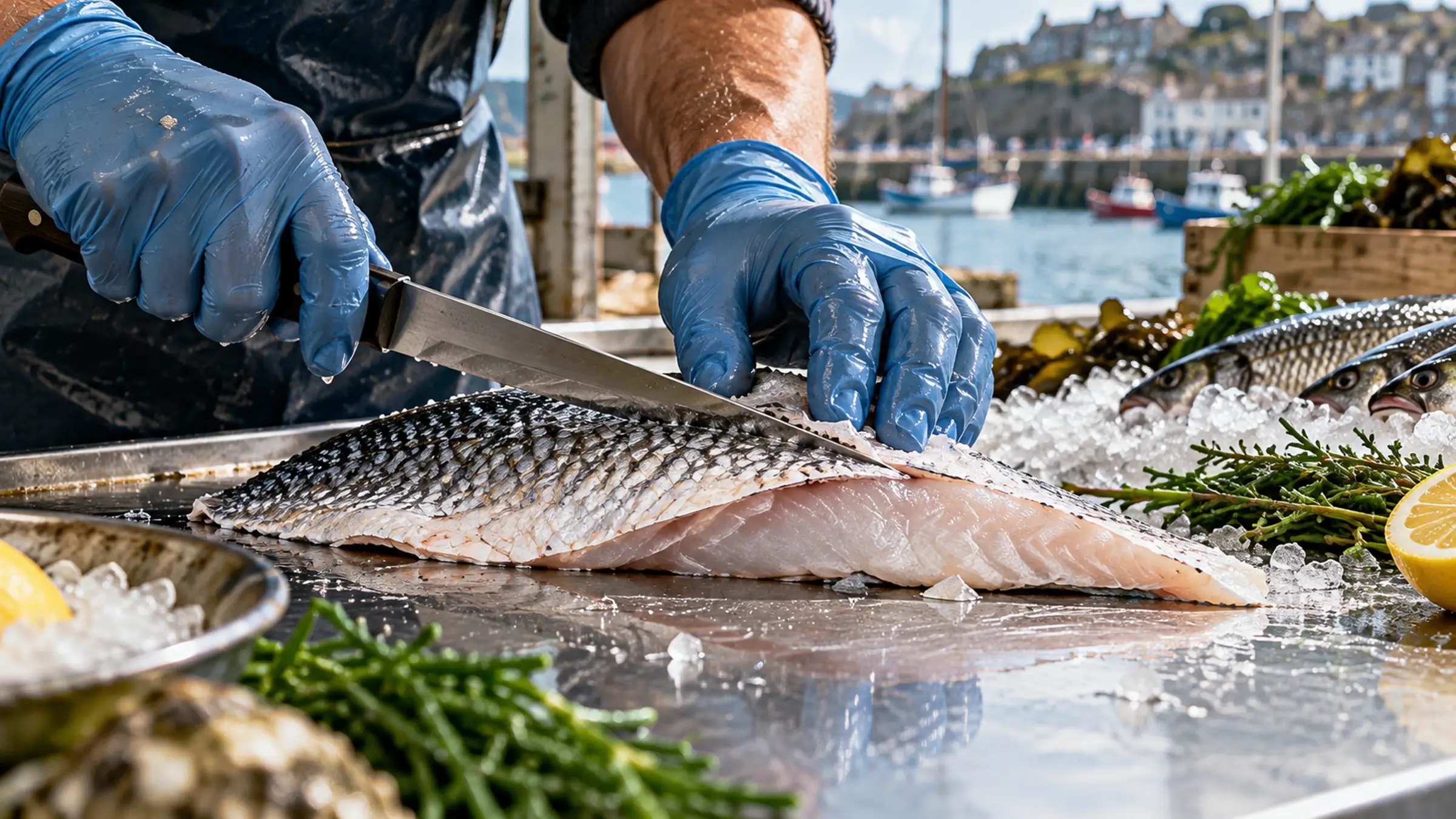 Gloved hands filleting a sea bass on ice, samphire and lemon beside it and the harbour behind