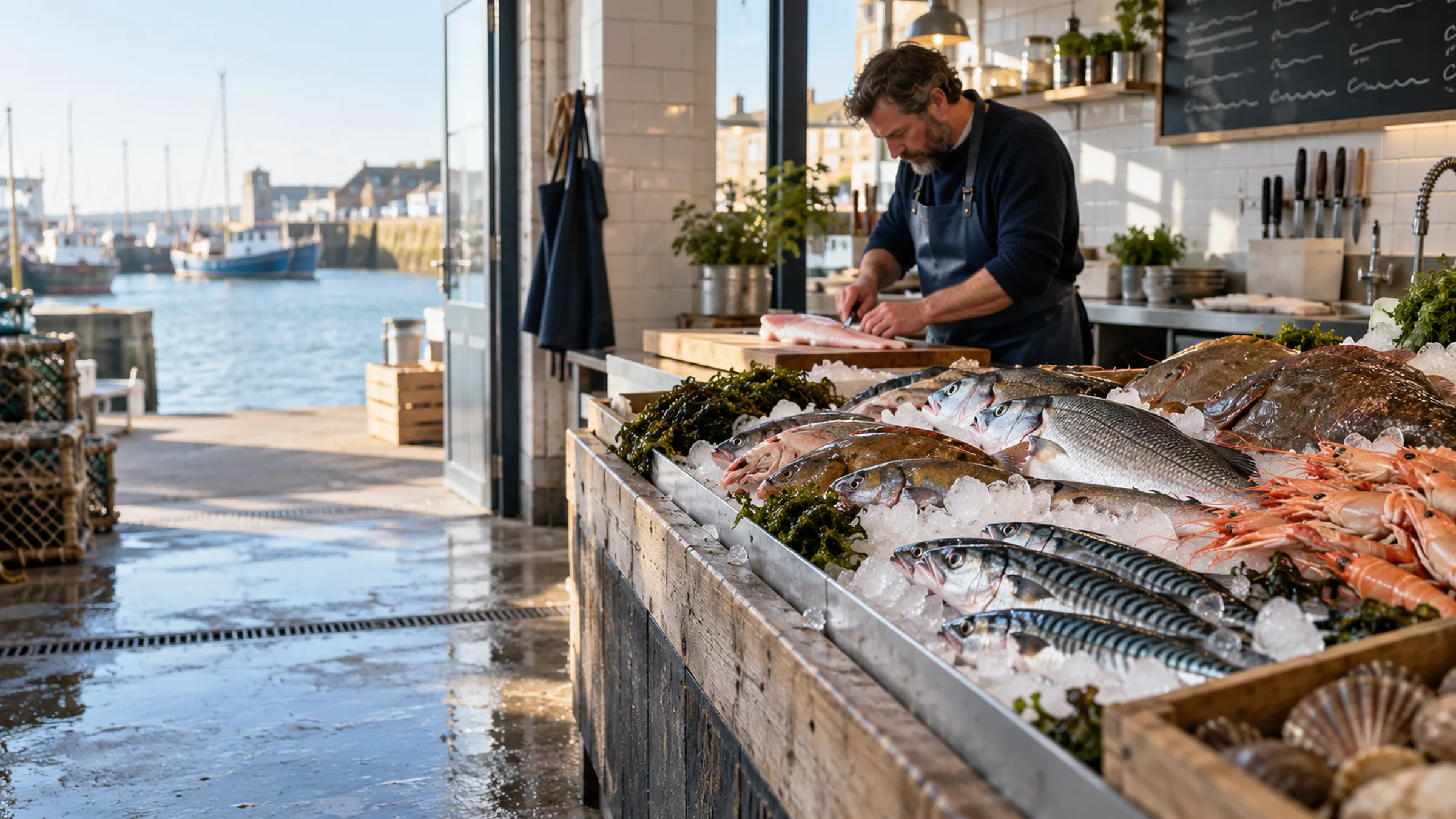 A cook laying out the day's fish on a long counter of ice, the quay and moored boats through the open door