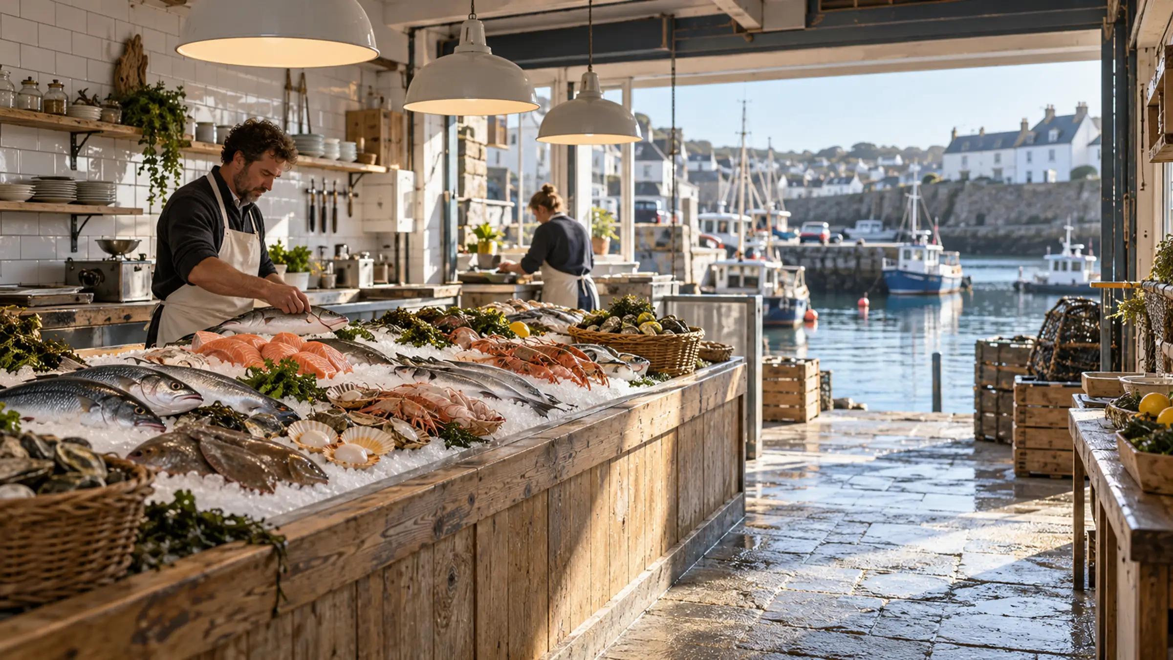 The fish counter at the open front of the kitchen, the morning's catch on ice and the harbour boats behind