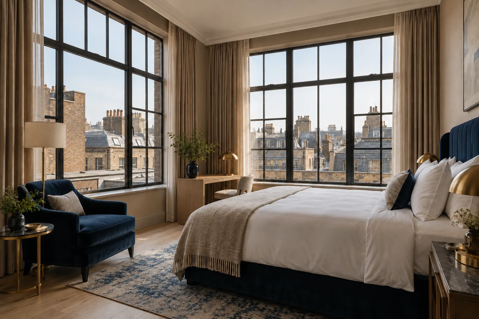 A corner room with a king bed, a velvet armchair and two walls of tall windows over the rooftops