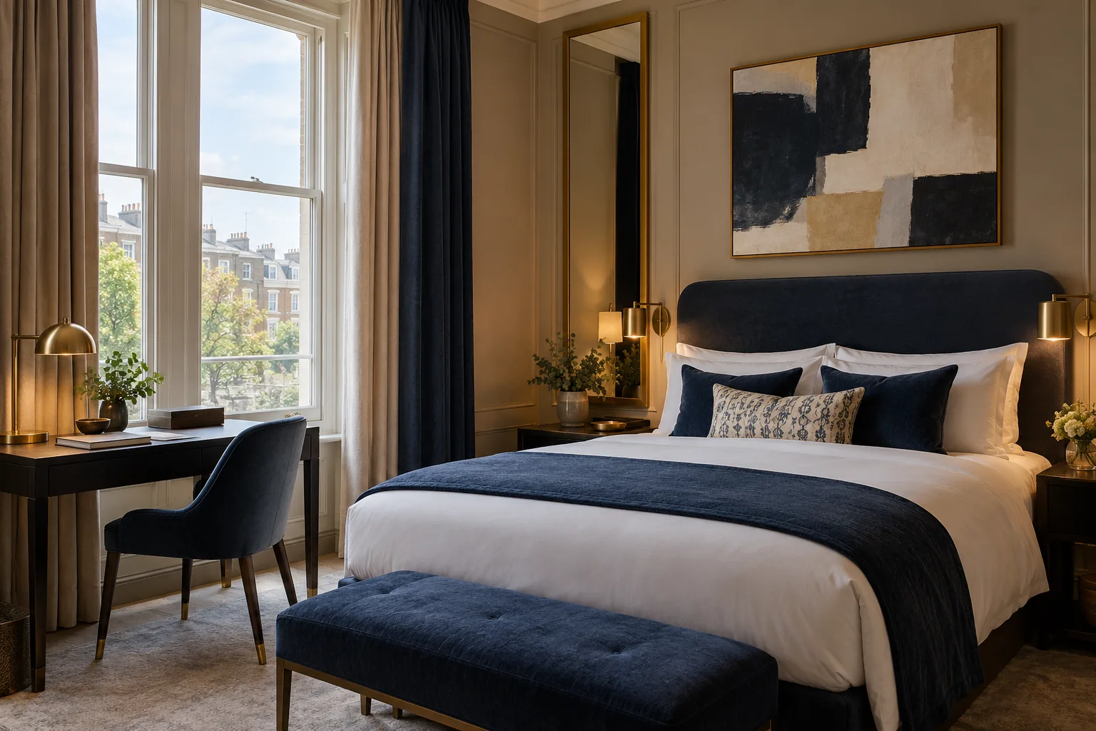 A compact studio: a queen bed with crisp linen and a writing desk and chair by a tall window