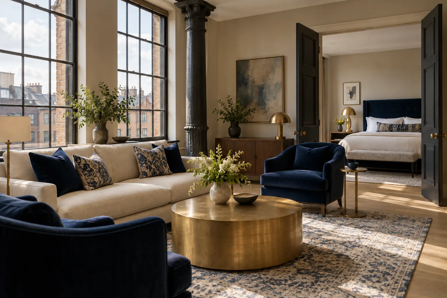 A suite's sitting room with a sofa and armchairs, the king bedroom through a double door