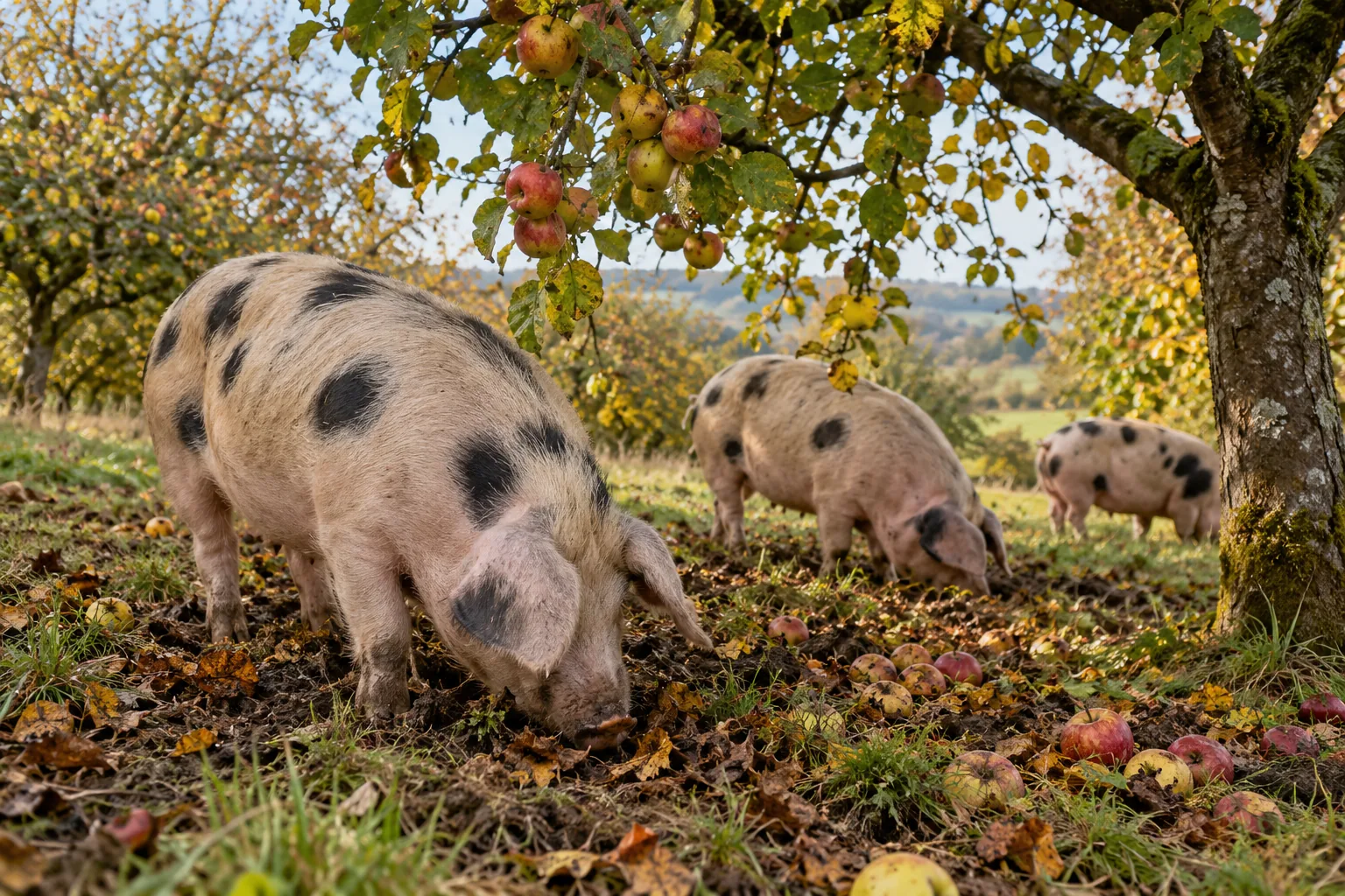 Gloucester Old Spot pigs rooting under apple trees in an autumn orchard