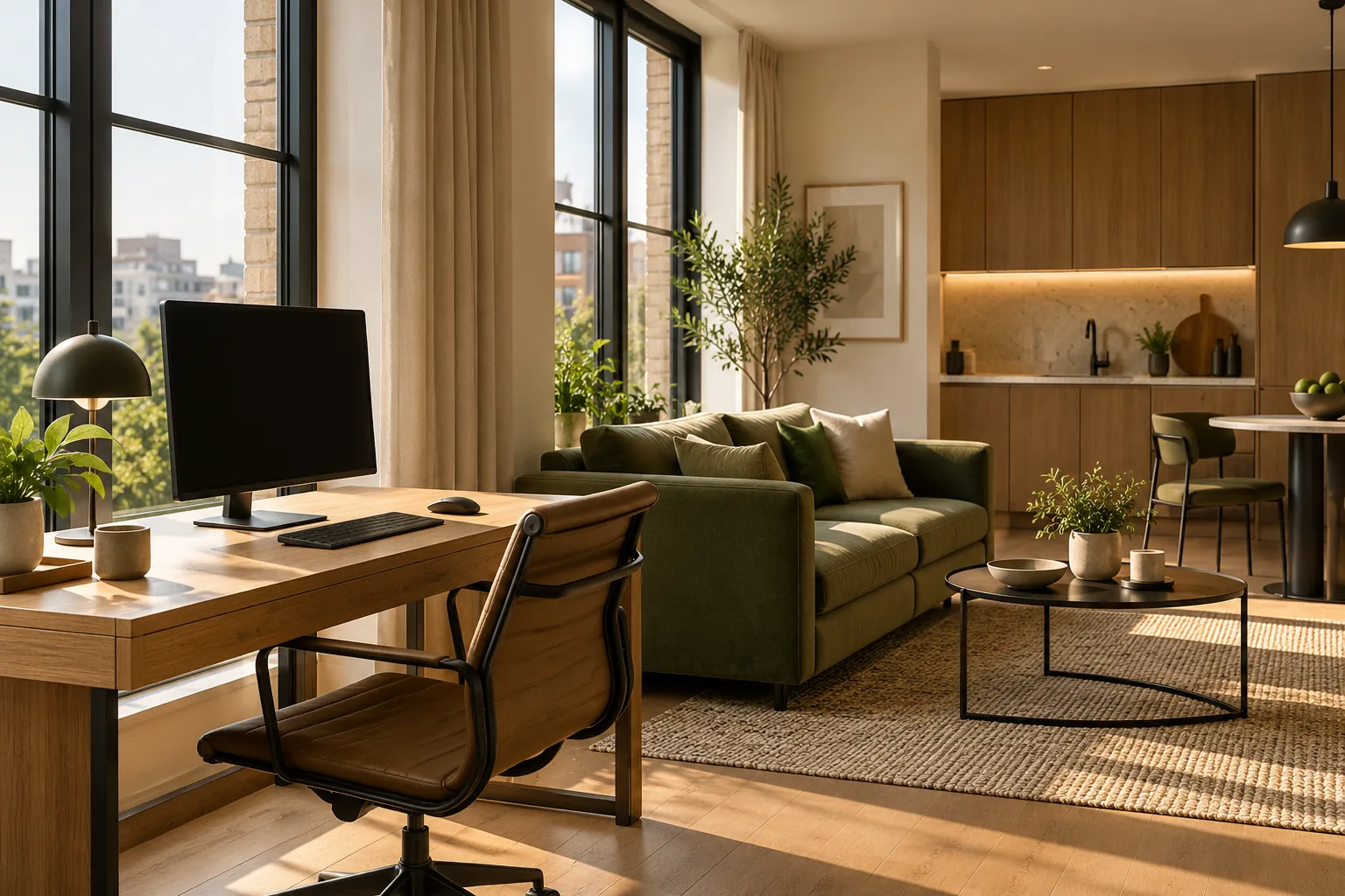 A studio suite with a proper work desk by the window, a sofa and the kitchenette beyond