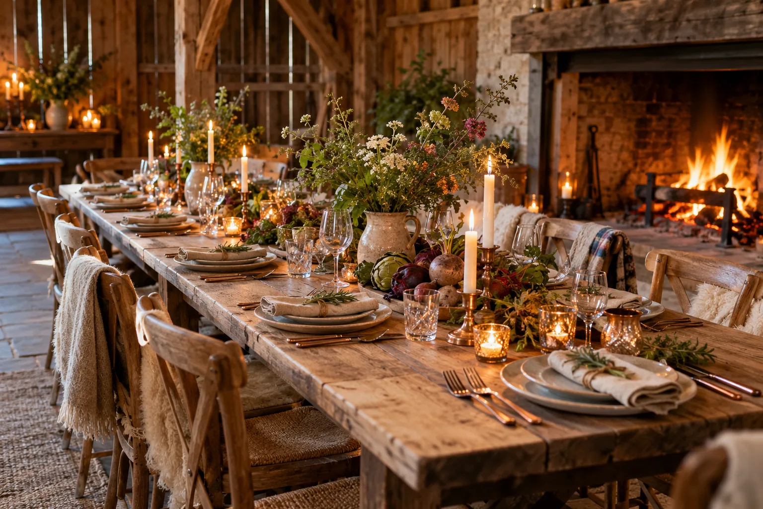 A long table laid for a private party in the timber barn, the open fire burning at the far end