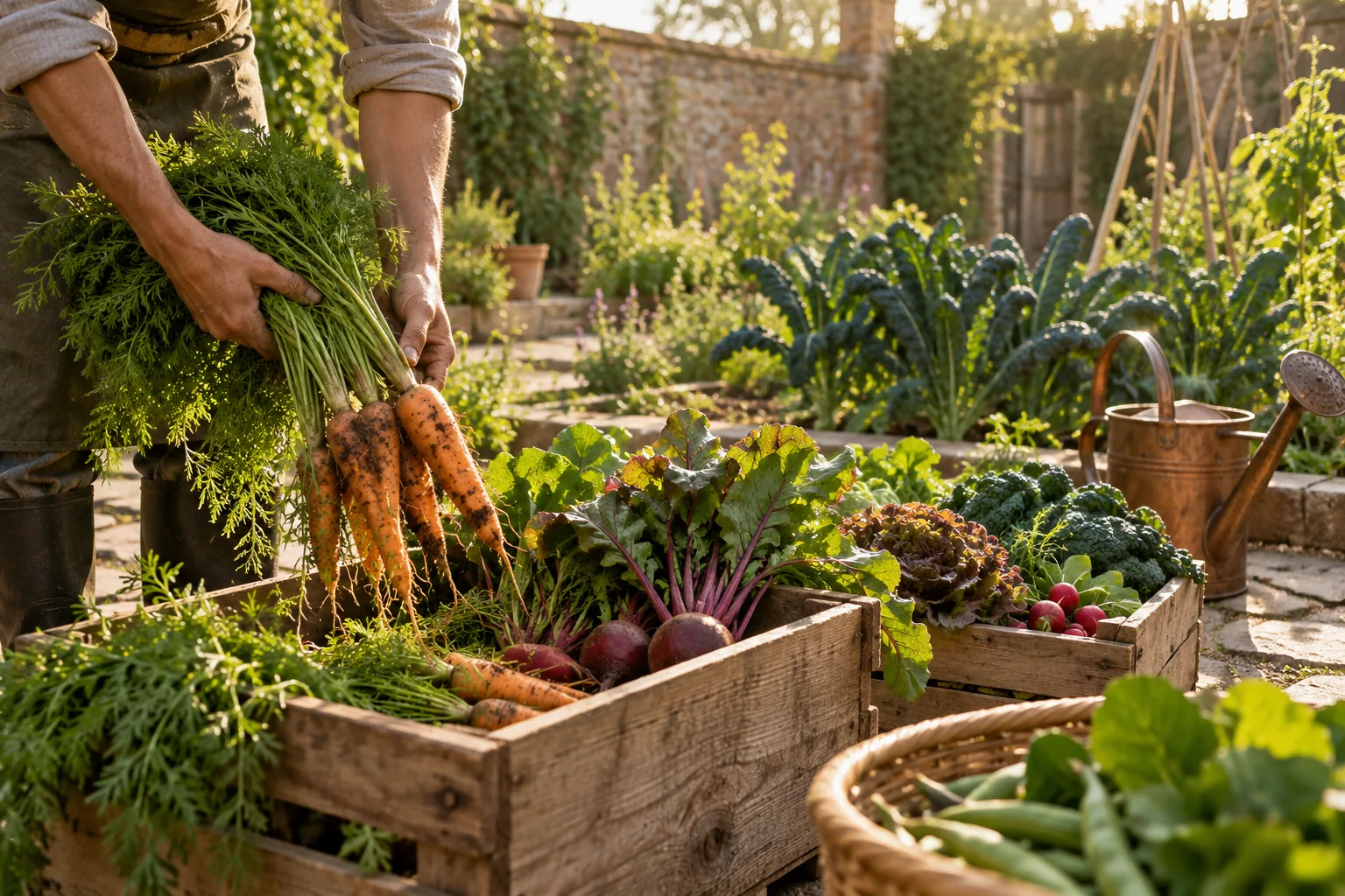 Hands lifting carrots and beetroot into wooden crates in the walled kitchen garden, early morning