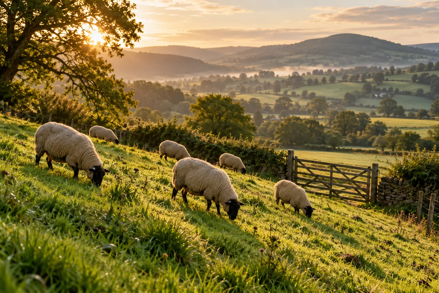 Shropshire ewes grazing a steep green hillside in morning light