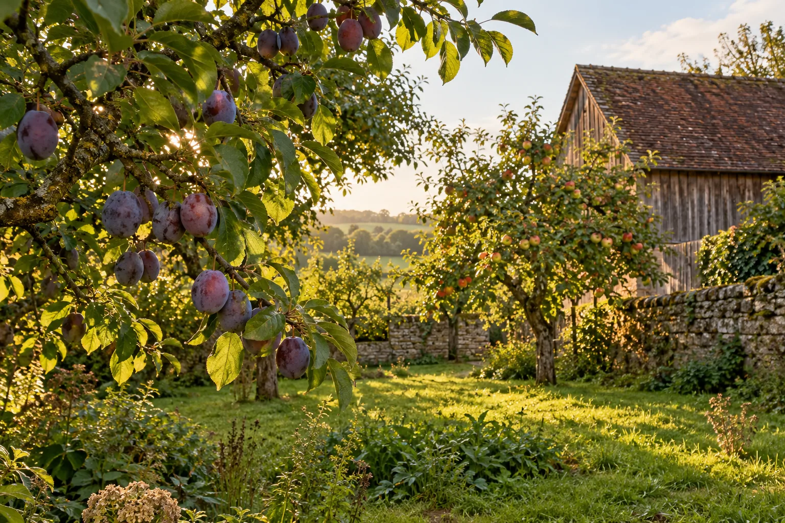 Old plum and apple trees in the walled orchard behind the barn, ripe plums on the branch