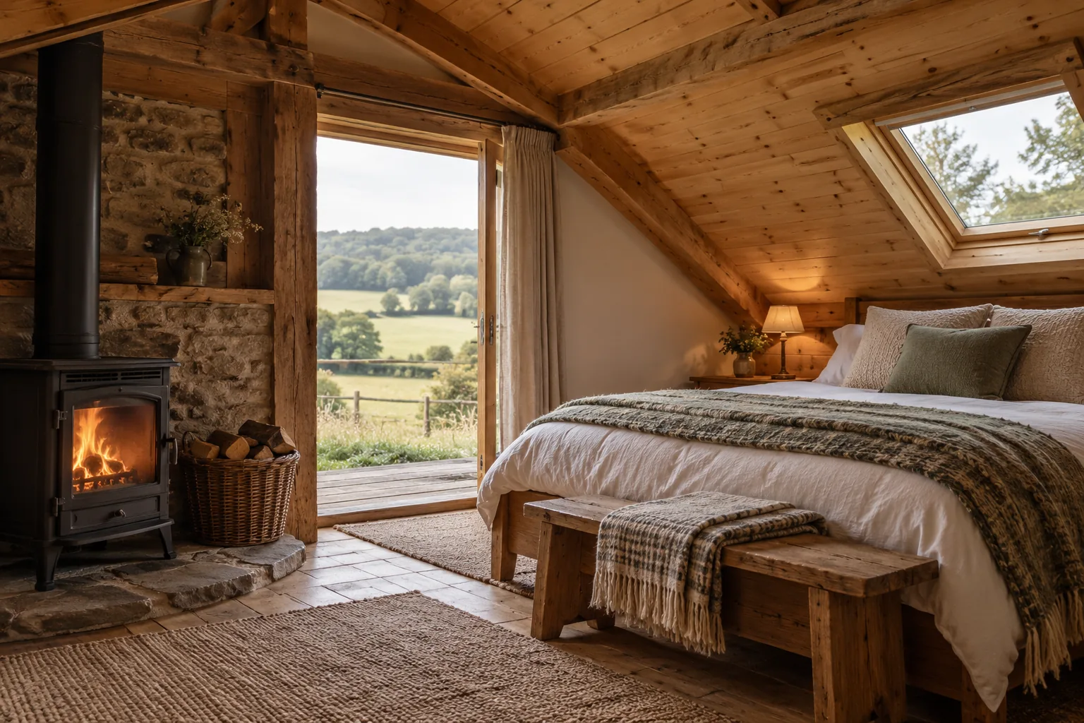 Inside the Bothy: a double bed under a sloping timber roof, a wood stove and a window onto the field