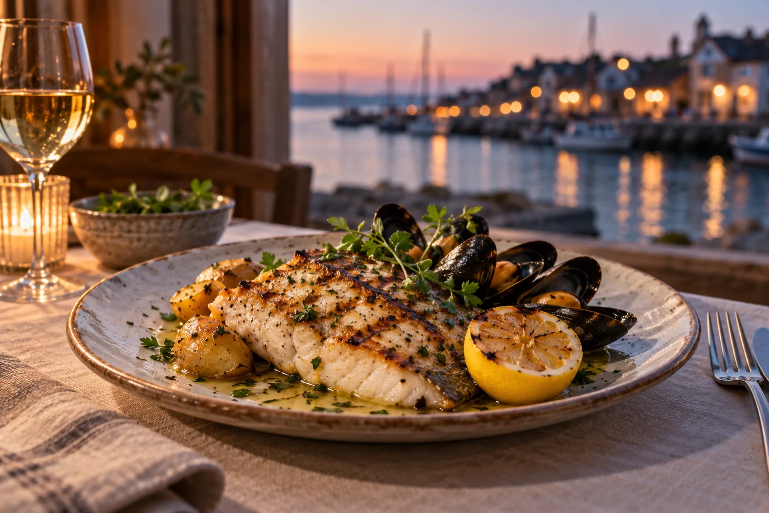 Grilled fish, mussels and lemon on a linen-laid table at dusk, the harbour lights beyond the window