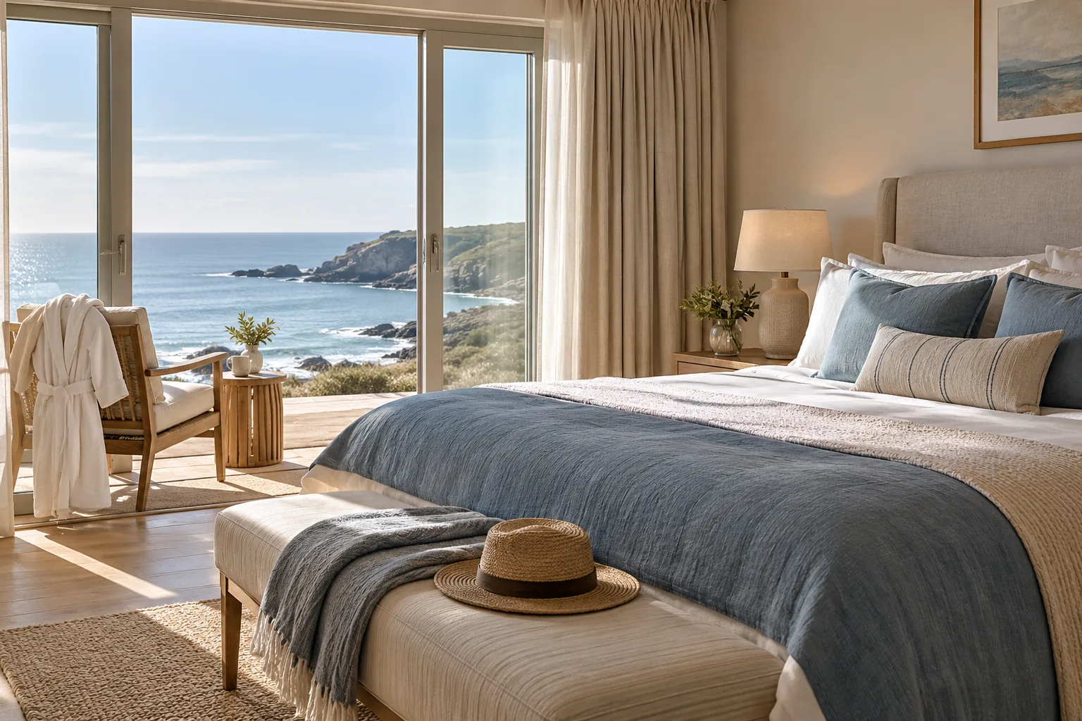 A calm bedroom over the sea: white linen, a robe on the chair and the bay through the window