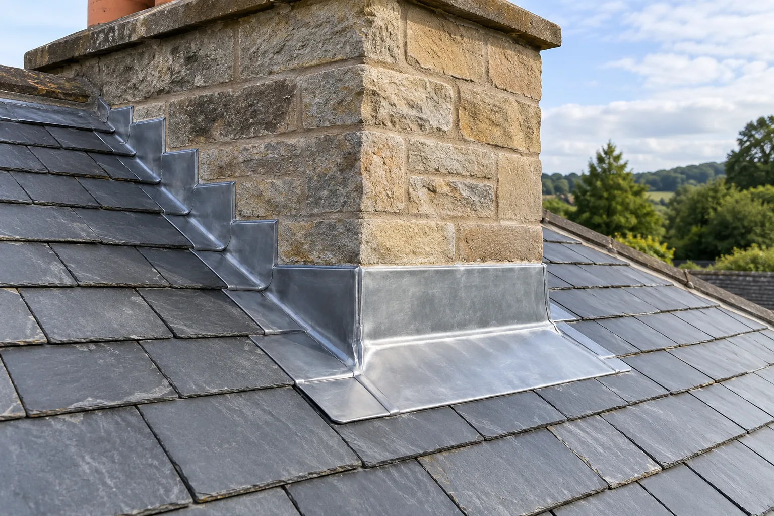 The same kind of slate roof after repair: new slates in line and fresh lead flashing dressed round the chimney