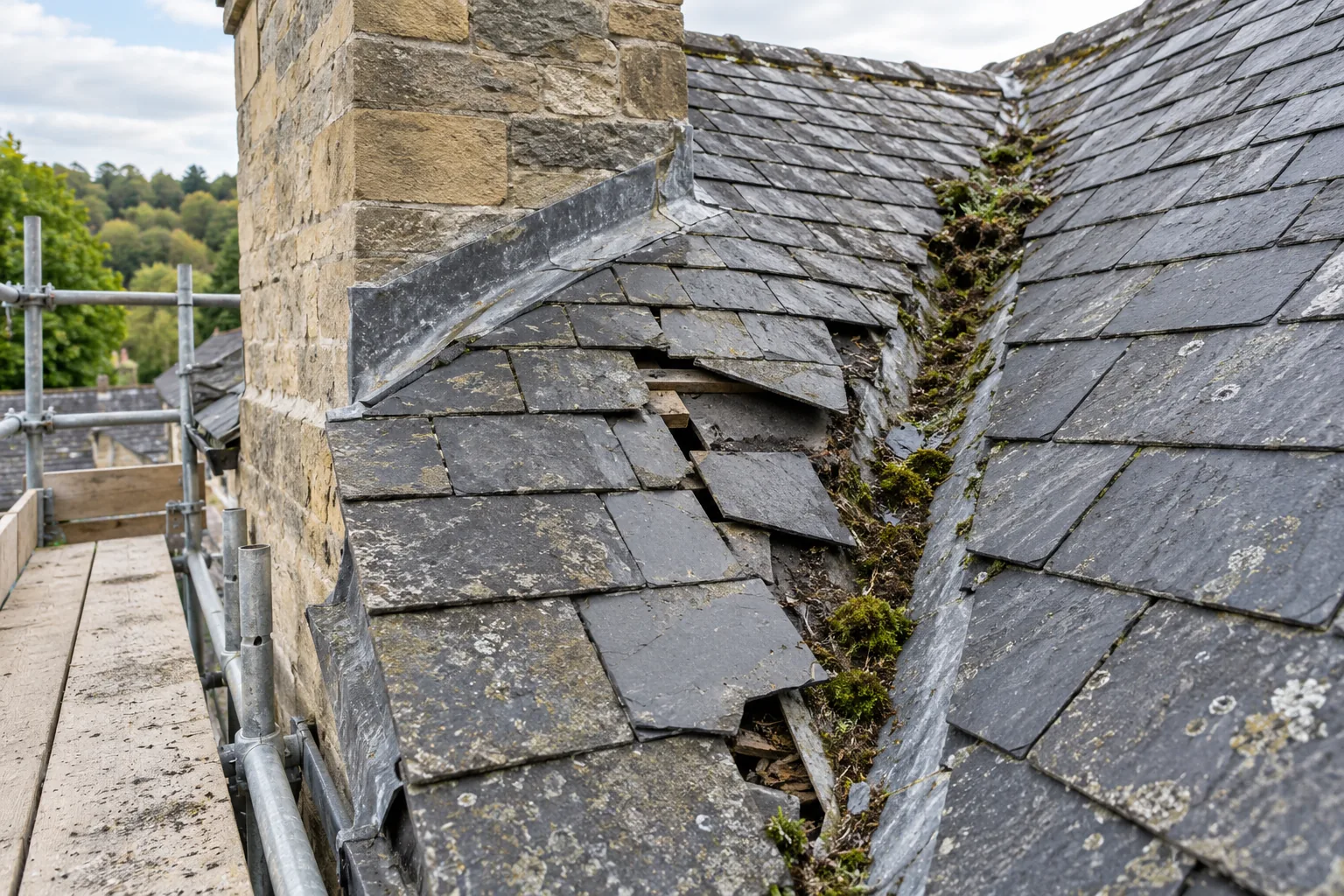 A slate roof from the scaffold before repair: slipped and broken slates and moss filling the valley