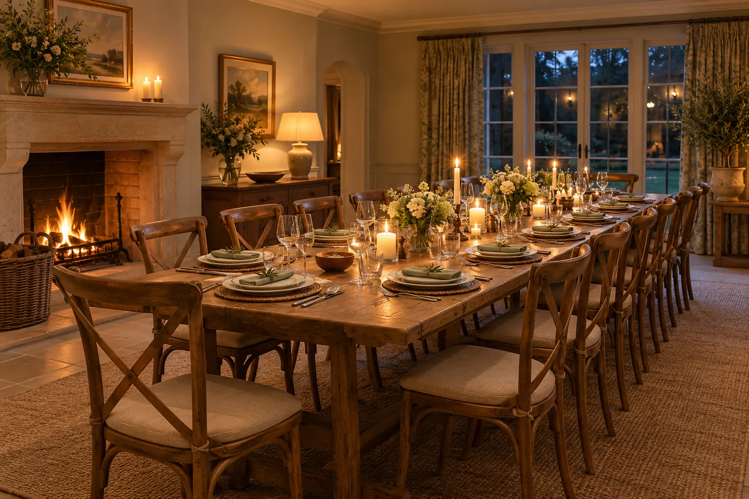 A holiday house dining room in the evening, a long table laid for fourteen