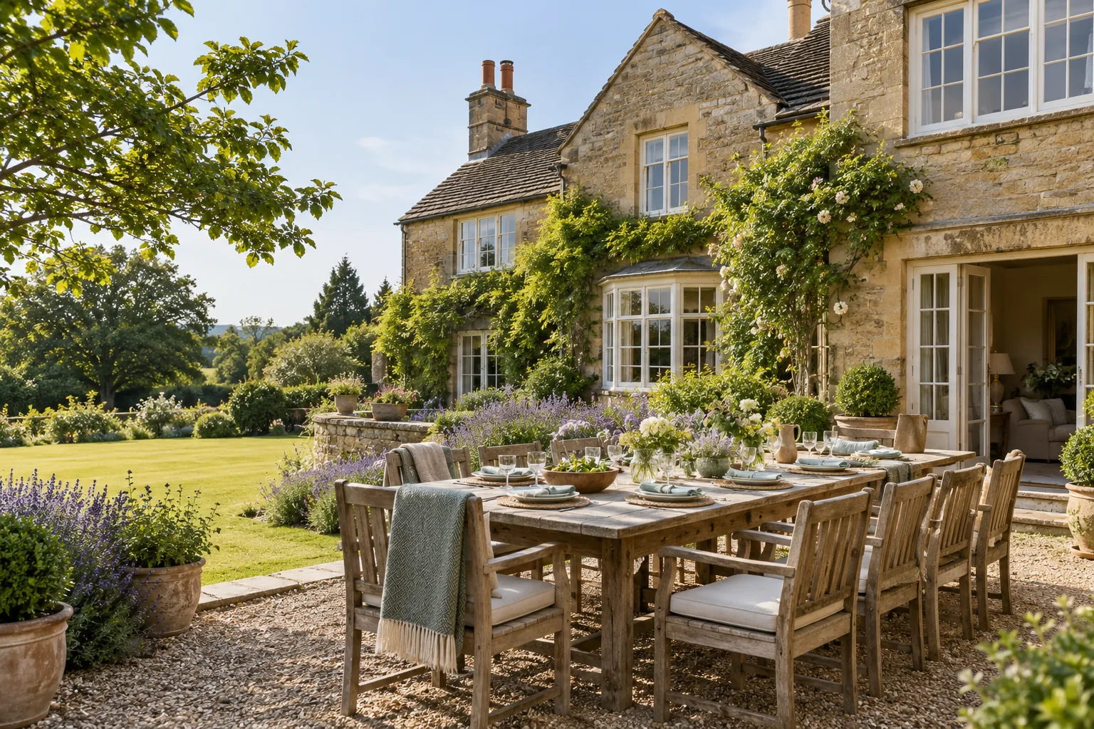 The Rectory from the garden: a large country house with a long table set outside on the lawn